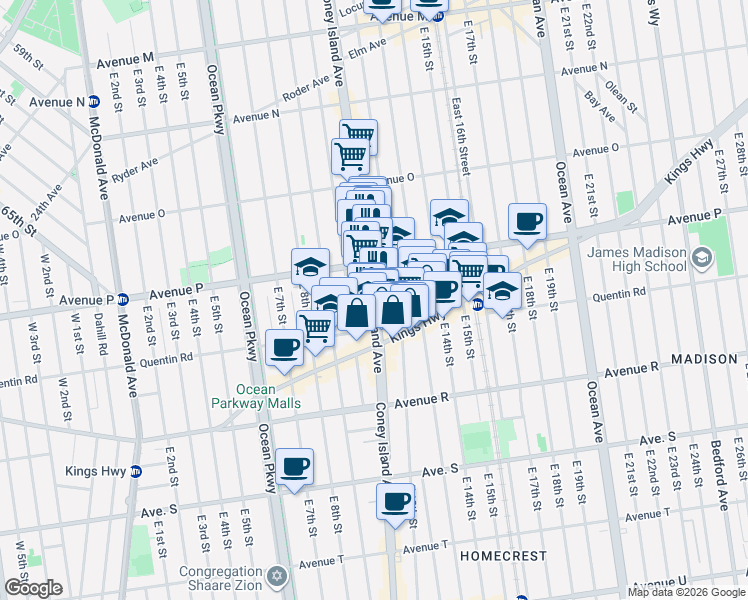 map of restaurants, bars, coffee shops, grocery stores, and more near 1957 Coney Island Avenue in Brooklyn