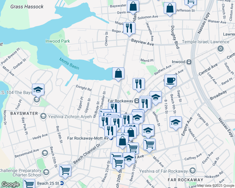 map of restaurants, bars, coffee shops, grocery stores, and more near 14-28 Beach Channel Drive in Queens