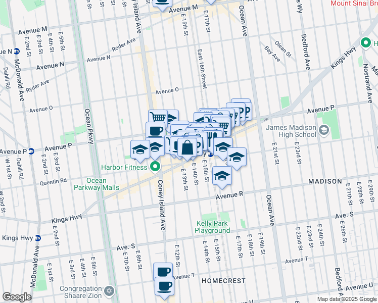 map of restaurants, bars, coffee shops, grocery stores, and more near 1630 East 15th Street in Brooklyn