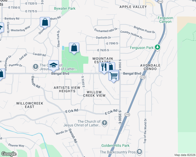 map of restaurants, bars, coffee shops, grocery stores, and more near 7787 Mountain Estates Drive in Cottonwood Heights