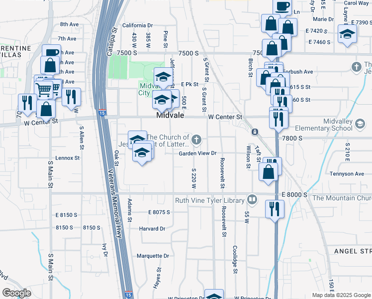 map of restaurants, bars, coffee shops, grocery stores, and more near 242 75 South in Midvale