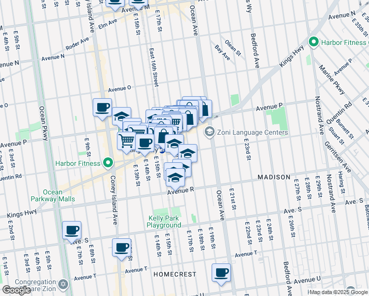 map of restaurants, bars, coffee shops, grocery stores, and more near 1712 Kings Highway in Brooklyn