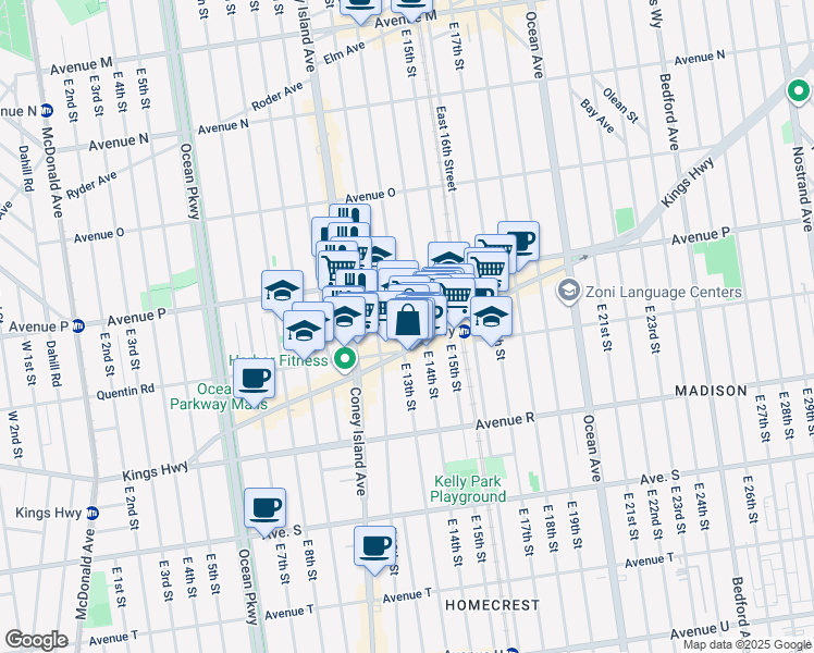 map of restaurants, bars, coffee shops, grocery stores, and more near 1624 East 13th Street in Brooklyn