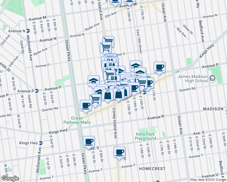 map of restaurants, bars, coffee shops, grocery stores, and more near 1957 Coney Island Avenue in Brooklyn