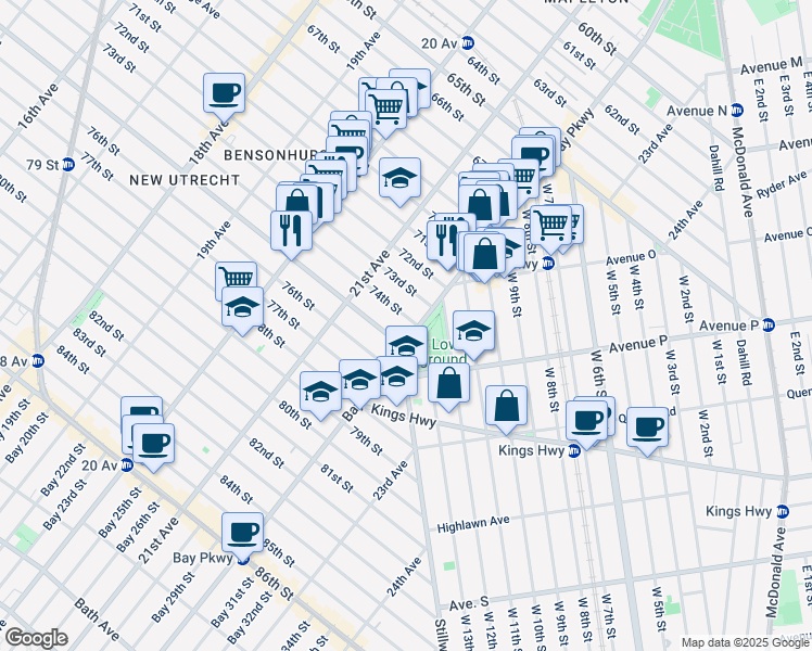map of restaurants, bars, coffee shops, grocery stores, and more near 2149 74th Street in Brooklyn
