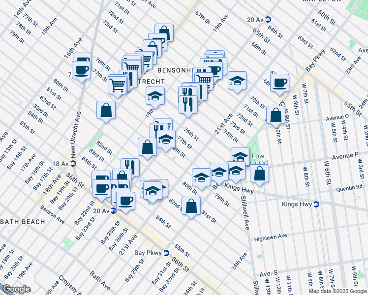 map of restaurants, bars, coffee shops, grocery stores, and more near 2027 77th Street in Brooklyn