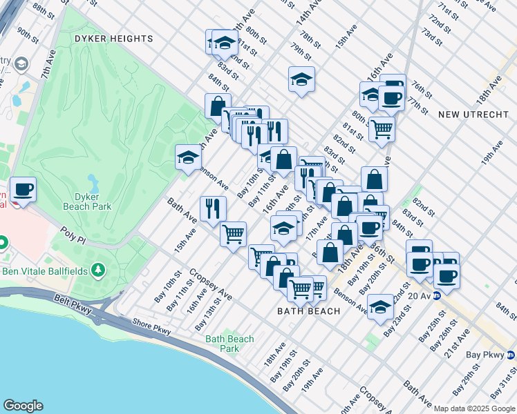 map of restaurants, bars, coffee shops, grocery stores, and more near 71 Bay 10th Street in Brooklyn