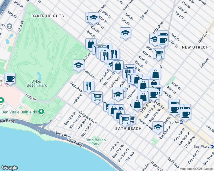map of restaurants, bars, coffee shops, grocery stores, and more near 71 Bay 10th Street in Brooklyn