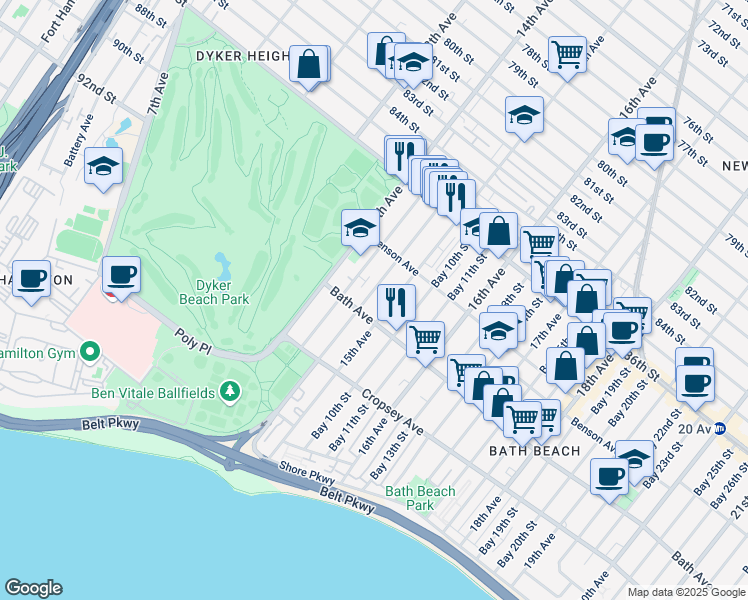 map of restaurants, bars, coffee shops, grocery stores, and more near 122 Bay 8th Street in Brooklyn
