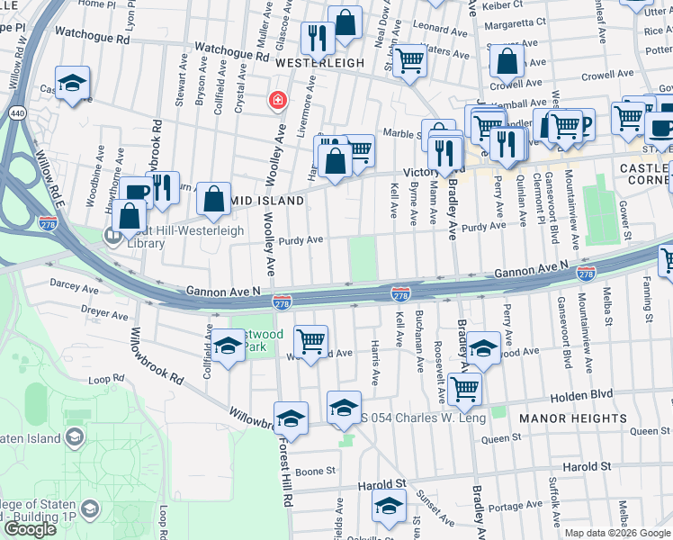 map of restaurants, bars, coffee shops, grocery stores, and more near 84 Warwick Avenue in Staten Island