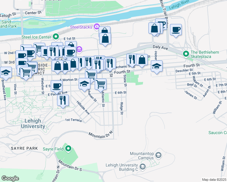 map of restaurants, bars, coffee shops, grocery stores, and more near 836 East 5th Street in Bethlehem