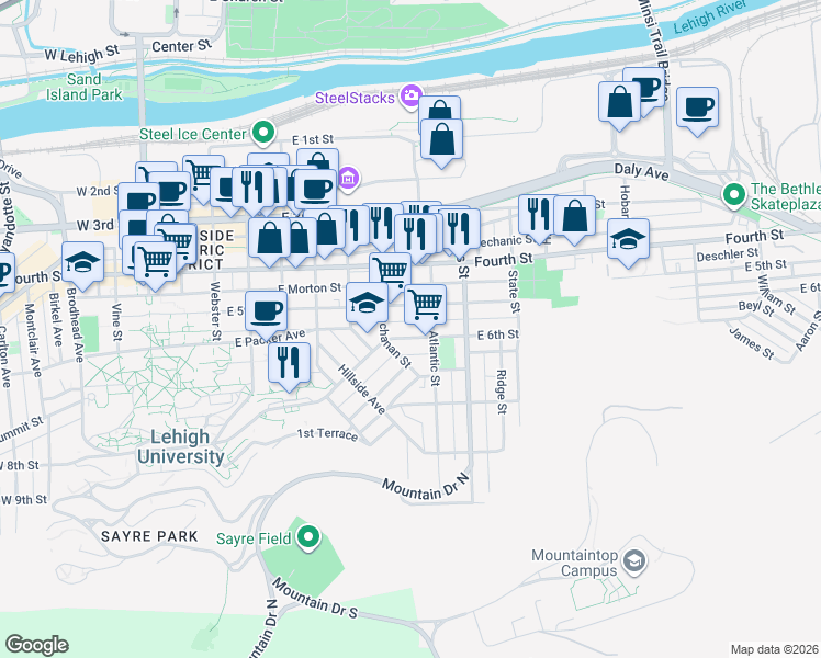 map of restaurants, bars, coffee shops, grocery stores, and more near 752 East 5th Street in Bethlehem
