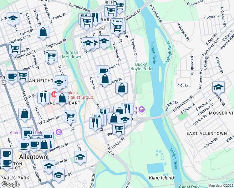 map of restaurants, bars, coffee shops, grocery stores, and more near 155 Oak Street in Allentown