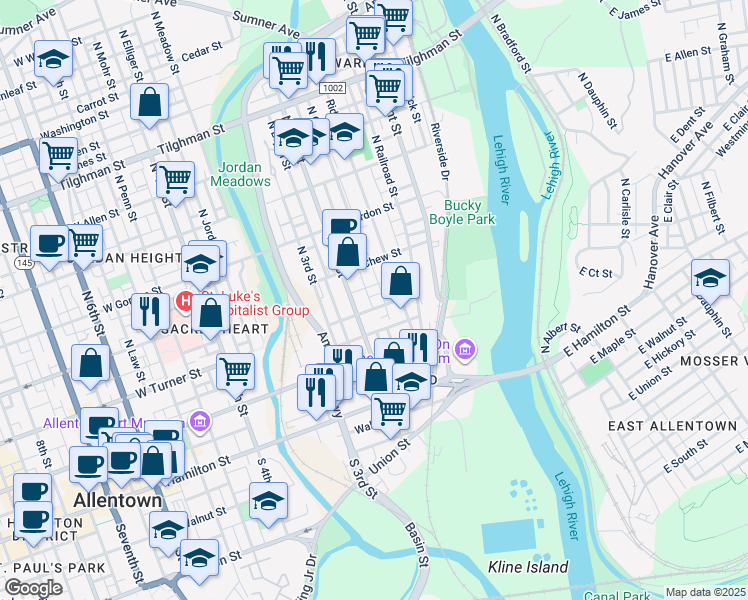 map of restaurants, bars, coffee shops, grocery stores, and more near 155 Oak Street in Allentown