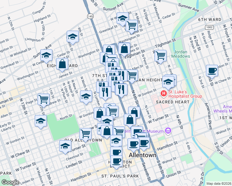 map of restaurants, bars, coffee shops, grocery stores, and more near 540 North 7th Street in Allentown