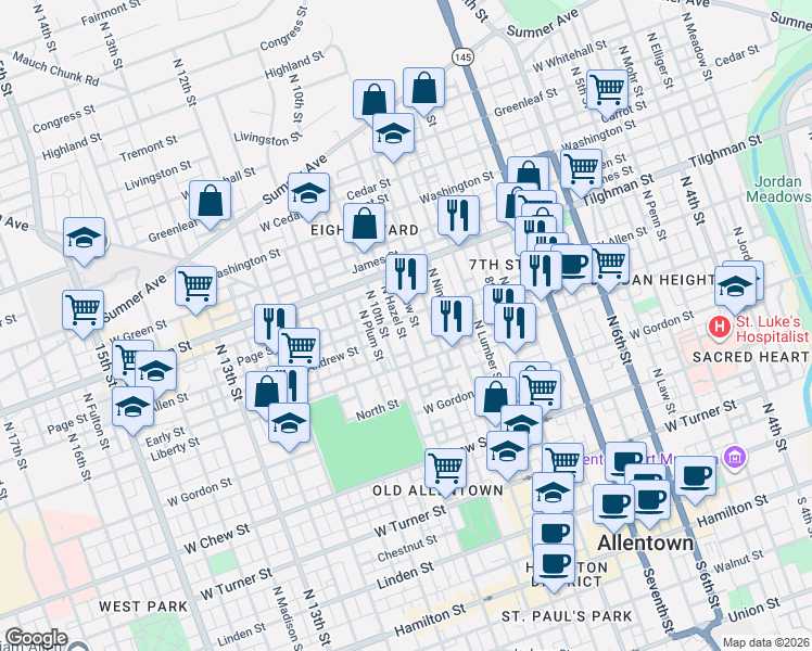 map of restaurants, bars, coffee shops, grocery stores, and more near 627 North Hazel Street in Allentown