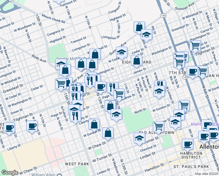map of restaurants, bars, coffee shops, grocery stores, and more near 707 North Amanda Street in Allentown