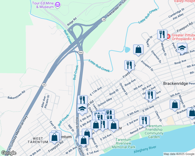 map of restaurants, bars, coffee shops, grocery stores, and more near 137 Pleasant Road in Natrona Heights