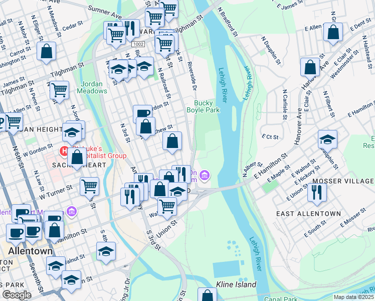map of restaurants, bars, coffee shops, grocery stores, and more near 136 North Front Street in Allentown