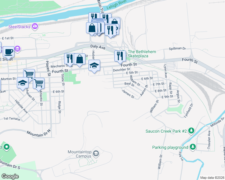 map of restaurants, bars, coffee shops, grocery stores, and more near 1252 East 7th Street in Bethlehem