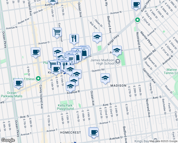 map of restaurants, bars, coffee shops, grocery stores, and more near Ocean Ave & Quentin Rd in Brooklyn