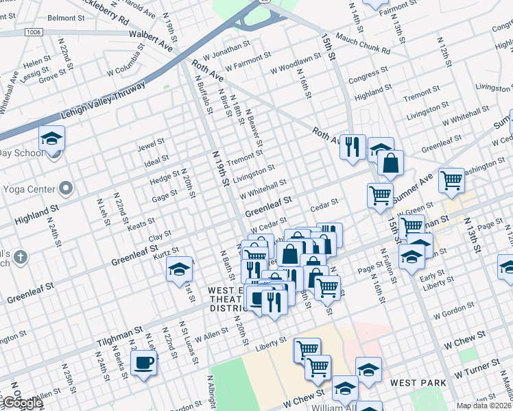 map of restaurants, bars, coffee shops, grocery stores, and more near 922 North 18th Street in Allentown