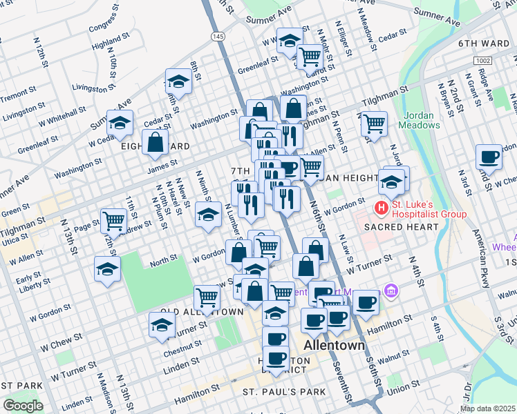 map of restaurants, bars, coffee shops, grocery stores, and more near 730 Liberty Street in Allentown