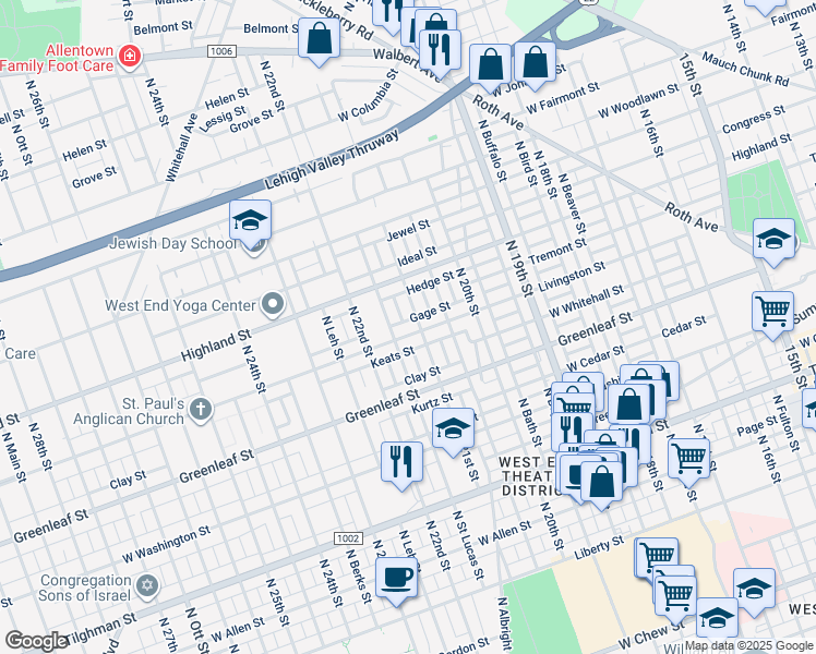 map of restaurants, bars, coffee shops, grocery stores, and more near 2109 Livingston Street in Allentown
