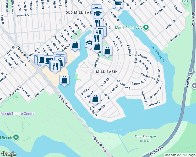 map of restaurants, bars, coffee shops, grocery stores, and more near 2654 Mill Avenue in Brooklyn