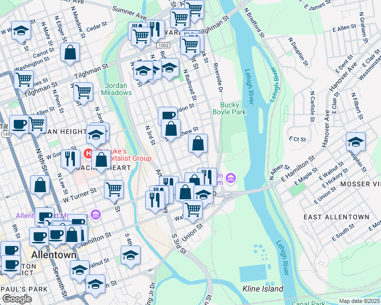 map of restaurants, bars, coffee shops, grocery stores, and more near 155 Oak Street in Allentown
