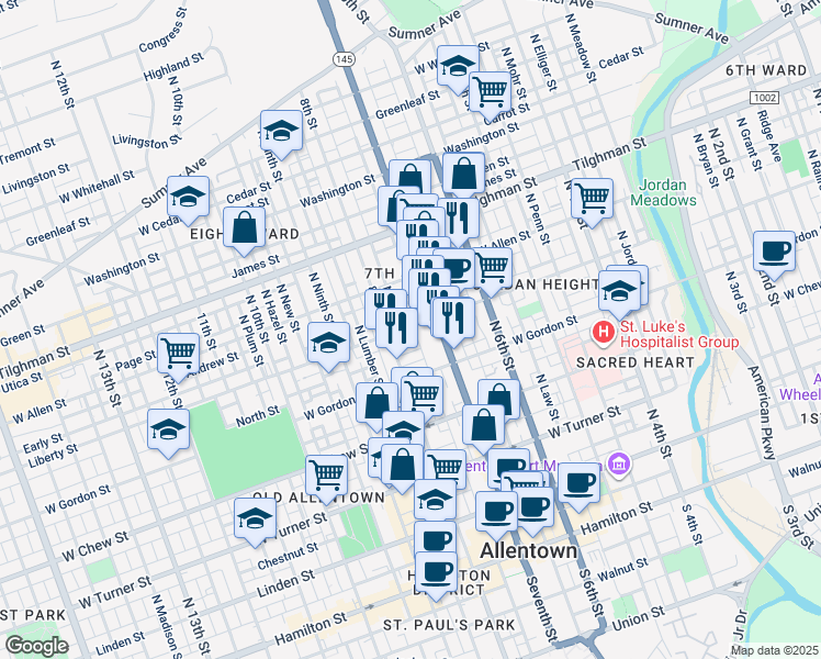 map of restaurants, bars, coffee shops, grocery stores, and more near 730 Liberty Street in Allentown