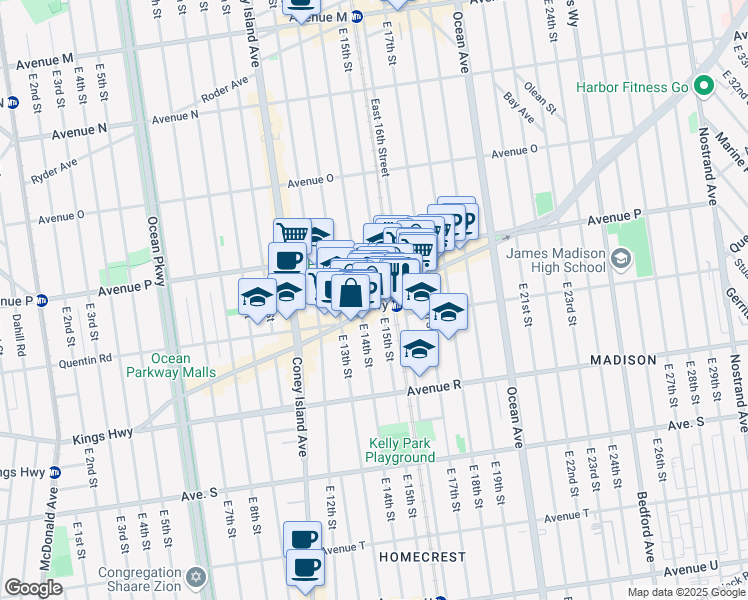 map of restaurants, bars, coffee shops, grocery stores, and more near 1417 Kings Highway in Brooklyn