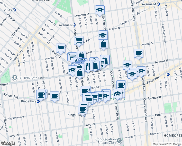 map of restaurants, bars, coffee shops, grocery stores, and more near 438 Avenue P in Brooklyn