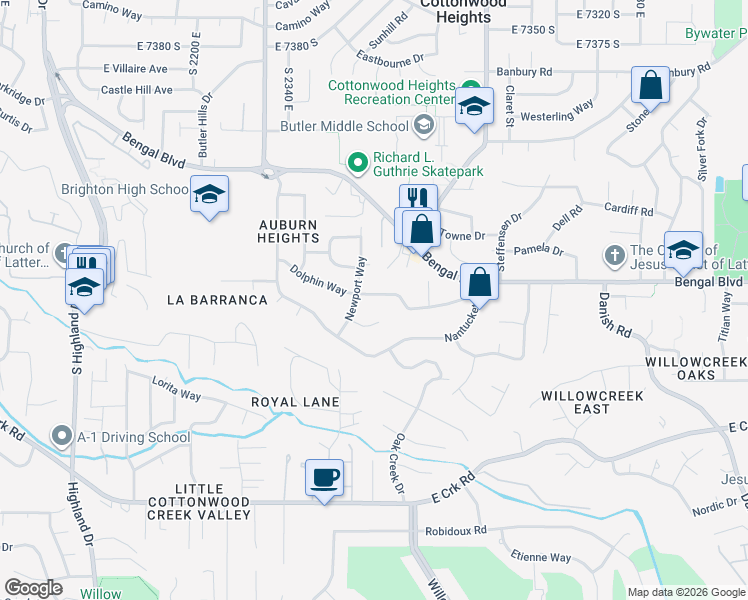 map of restaurants, bars, coffee shops, grocery stores, and more near 2490 Dolphin Way in Cottonwood Heights