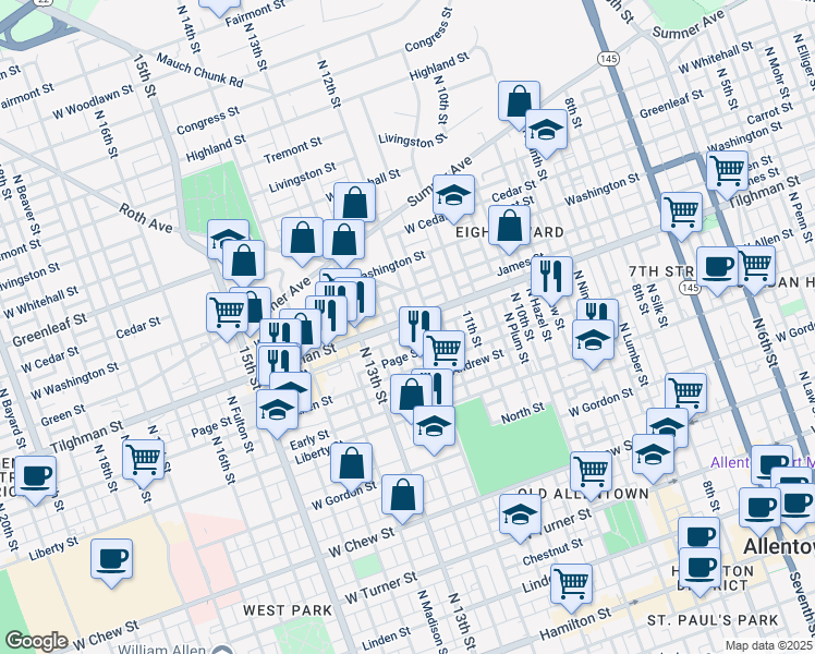 map of restaurants, bars, coffee shops, grocery stores, and more near 644 North 12th Street in Allentown