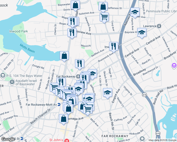 map of restaurants, bars, coffee shops, grocery stores, and more near 14-19 Minton Street in Queens