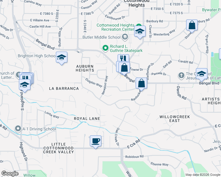 map of restaurants, bars, coffee shops, grocery stores, and more near 2490 Dolphin Way in Cottonwood Heights