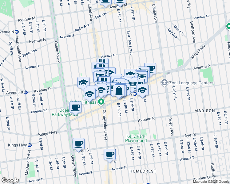 map of restaurants, bars, coffee shops, grocery stores, and more near 1648 East 13th Street in Brooklyn