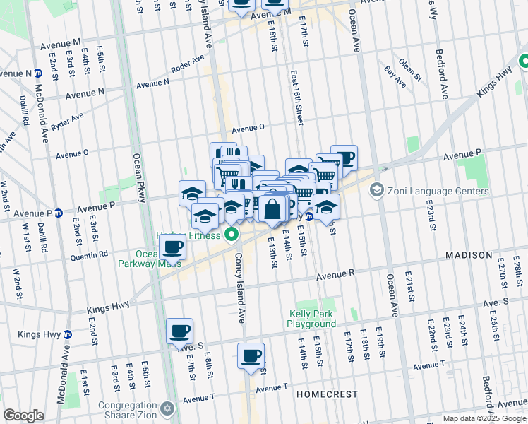 map of restaurants, bars, coffee shops, grocery stores, and more near 1648 East 13th Street in Brooklyn