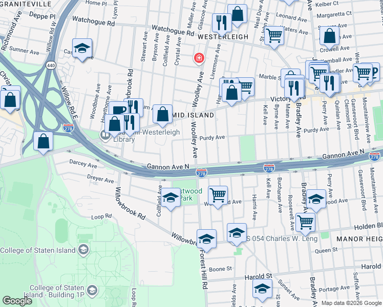 map of restaurants, bars, coffee shops, grocery stores, and more near 70 Crafton Avenue in Staten Island