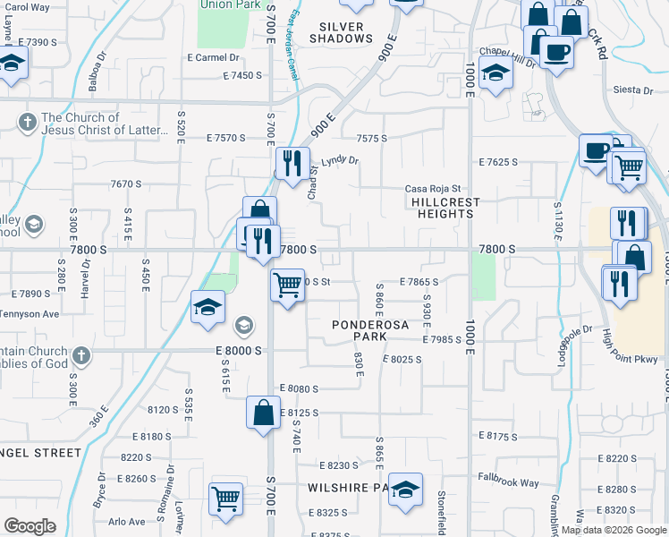 map of restaurants, bars, coffee shops, grocery stores, and more near 798 East Spruce Tree Lane in Sandy