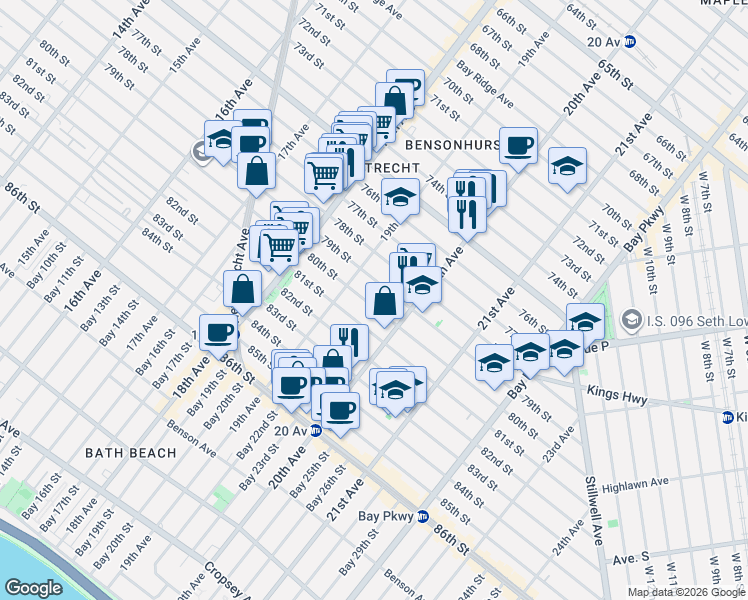 map of restaurants, bars, coffee shops, grocery stores, and more near 1939 79th Street in Brooklyn