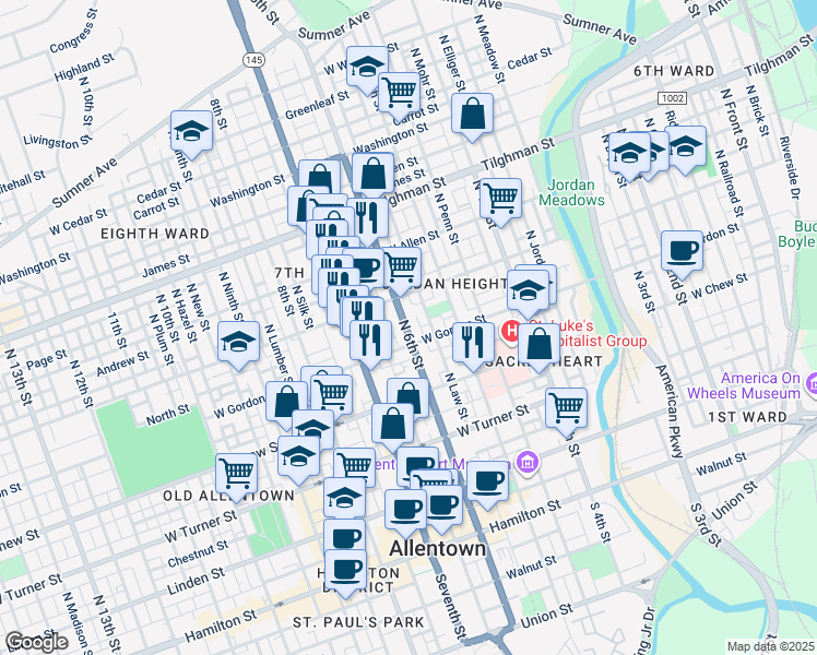 map of restaurants, bars, coffee shops, grocery stores, and more near 419 North 6th Street in Allentown