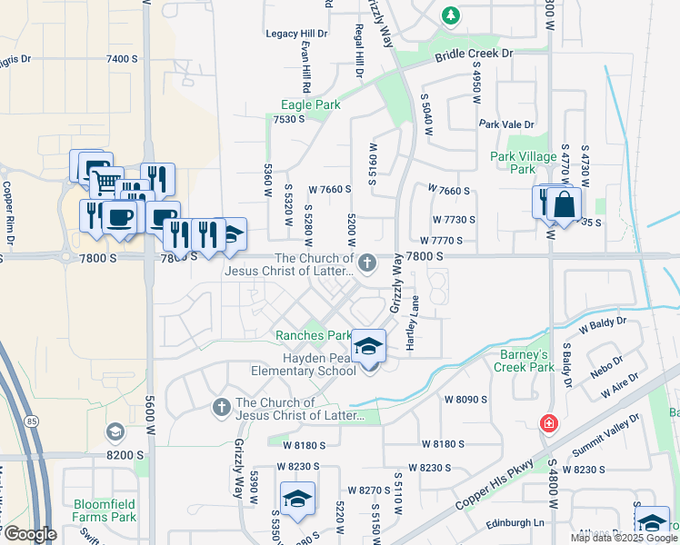 map of restaurants, bars, coffee shops, grocery stores, and more near 7869 Cool Creek Way in West Jordan