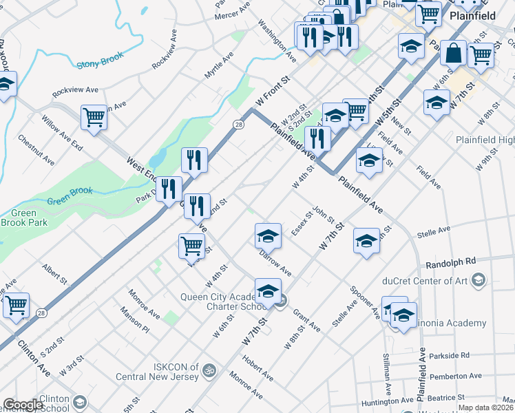 map of restaurants, bars, coffee shops, grocery stores, and more near 212 Muhlenberg Place in Plainfield