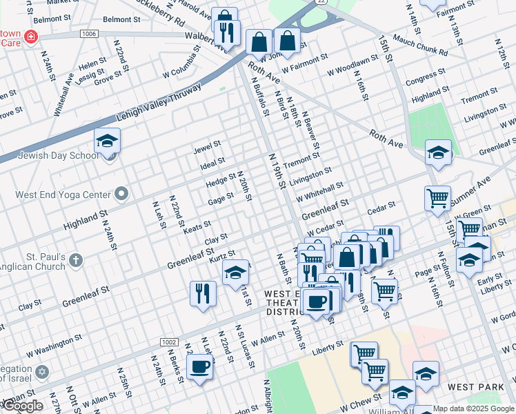 map of restaurants, bars, coffee shops, grocery stores, and more near 1001 North 20th Street in Allentown