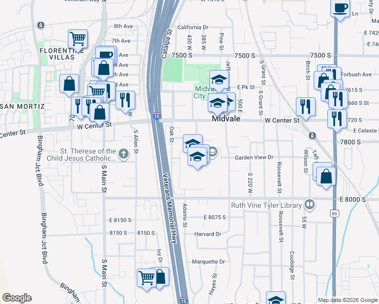 map of restaurants, bars, coffee shops, grocery stores, and more near 7852 South Pioneer Street in Midvale