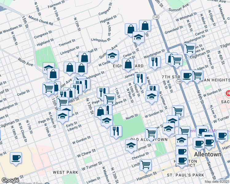 map of restaurants, bars, coffee shops, grocery stores, and more near 1104 State Route 1002 in Allentown
