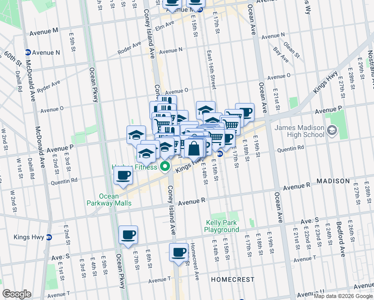map of restaurants, bars, coffee shops, grocery stores, and more near 1654 East 13th Street in Brooklyn