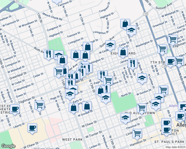 map of restaurants, bars, coffee shops, grocery stores, and more near 1231 Tilghman Street in Allentown